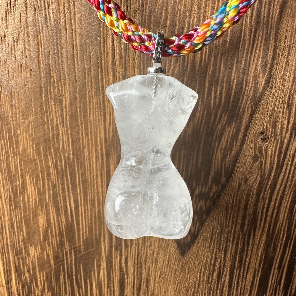 Clear Quartz Lady Body Carving Pendant Necklace on Multicolor Rope, Silver Bail - Picture 11 of 14